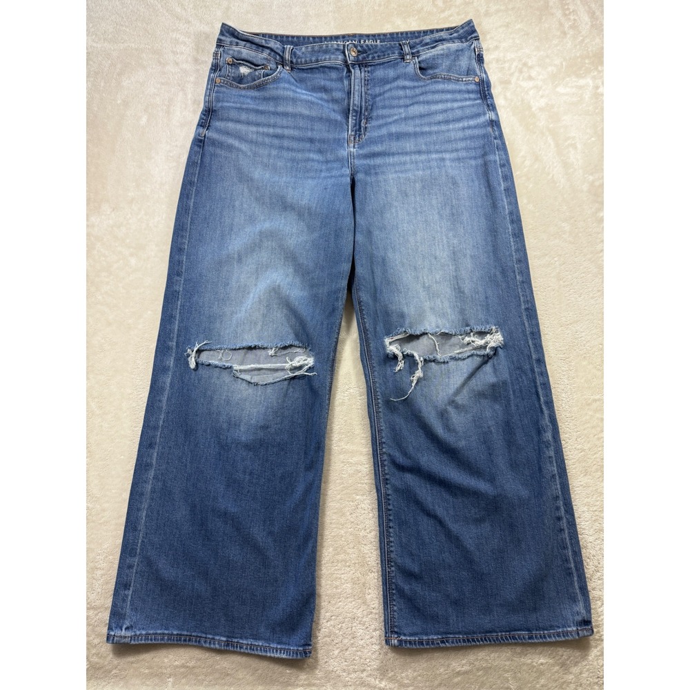 American Eagle Womens Baggy Wide Leg Distressed Blue Jeans 18 Meas: 38x29.5